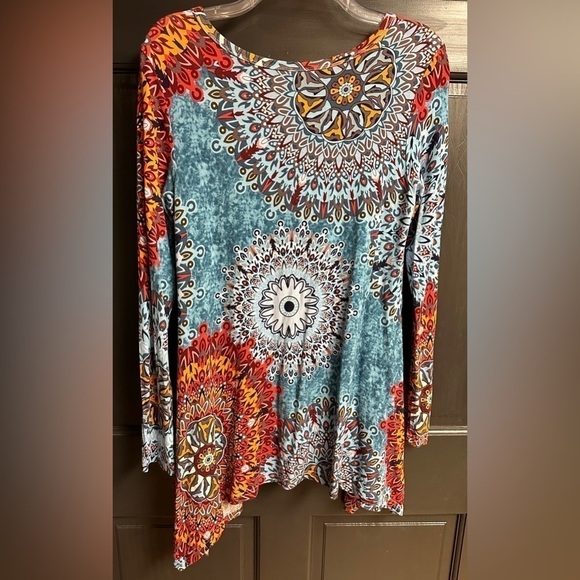 Popyoung Long Sleeve Tunic Handkerchief Hem Blue Medallion Design Women’s Sz M - Picture 2 of 8